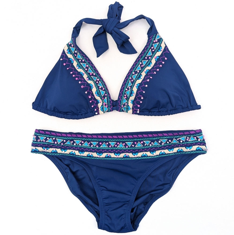 Nanette Lepore Bikini 2 Piece Swimsuit Triangle Top Beaded Costa Del Sol Navy S